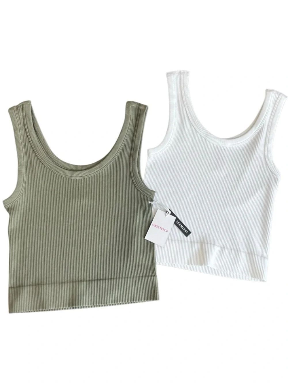 Tank Top Set Bundle Ribbed Cropped Green White Size S/M - Picture 4 of 13